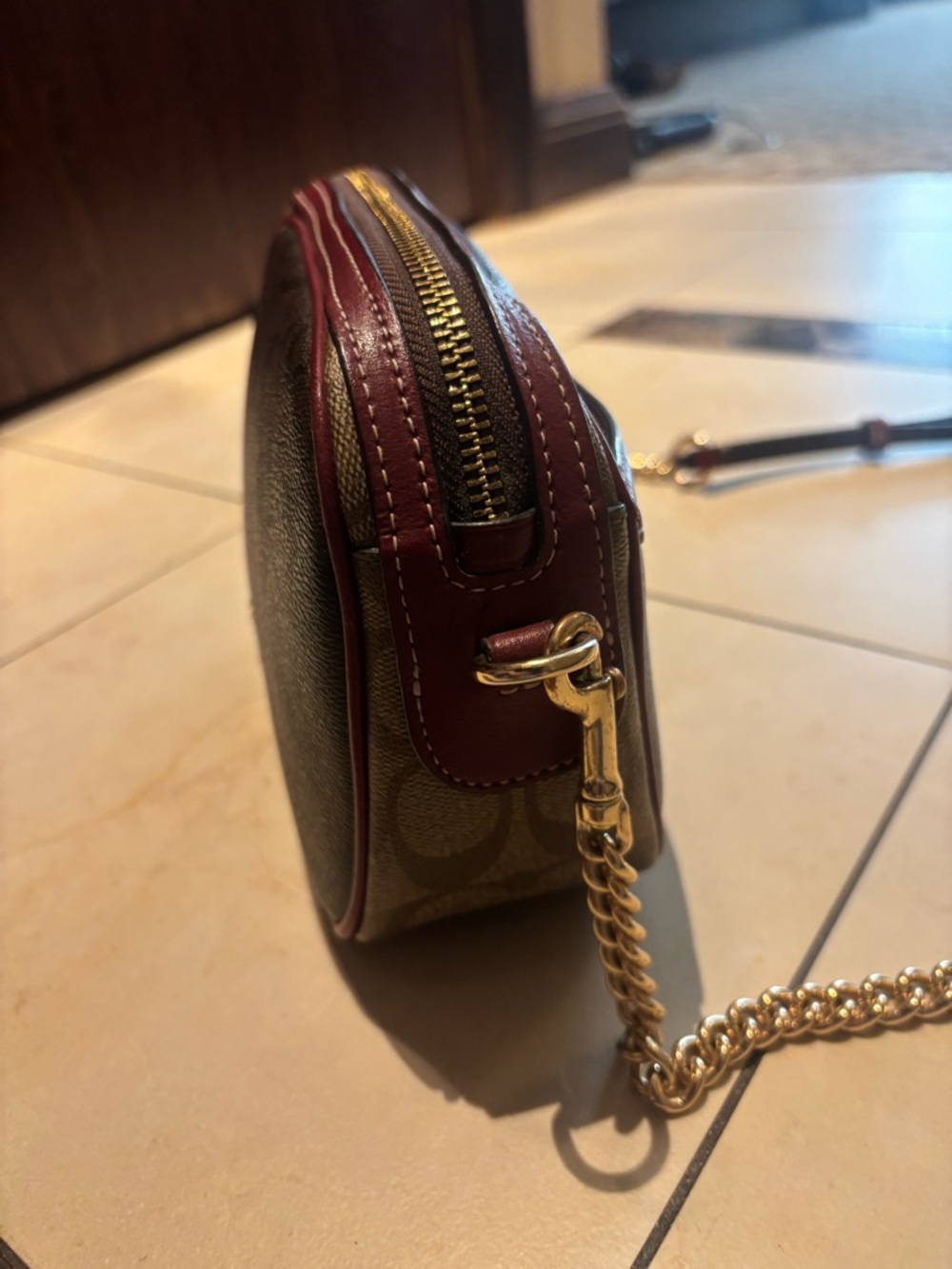 Coach Brown Signature Canvas Crossbody with Burgundy Trim - Picture 4 of 7